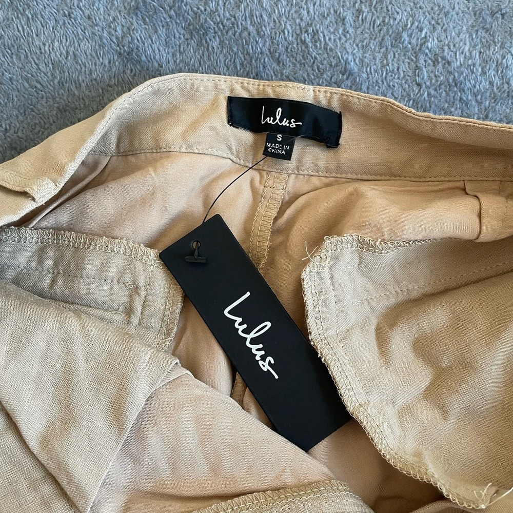Lulus Tan Linen Blend Wide Leg Pleated Trousers High Waisted Pants Small NWT - Picture 8 of 11